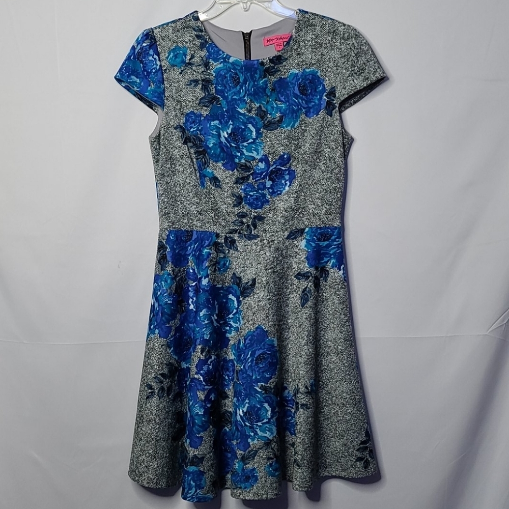 Betsey Johnson cap sleeve floral blue black fit & flare midi dress sz 8
